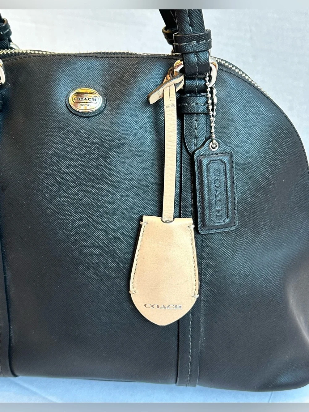 Coach Cora Peyton Black Saffiano Leather Domed Satchel Crossbody Bag Classic